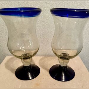 Handblown, recycled, blue glass goblets. Approximately 7”H